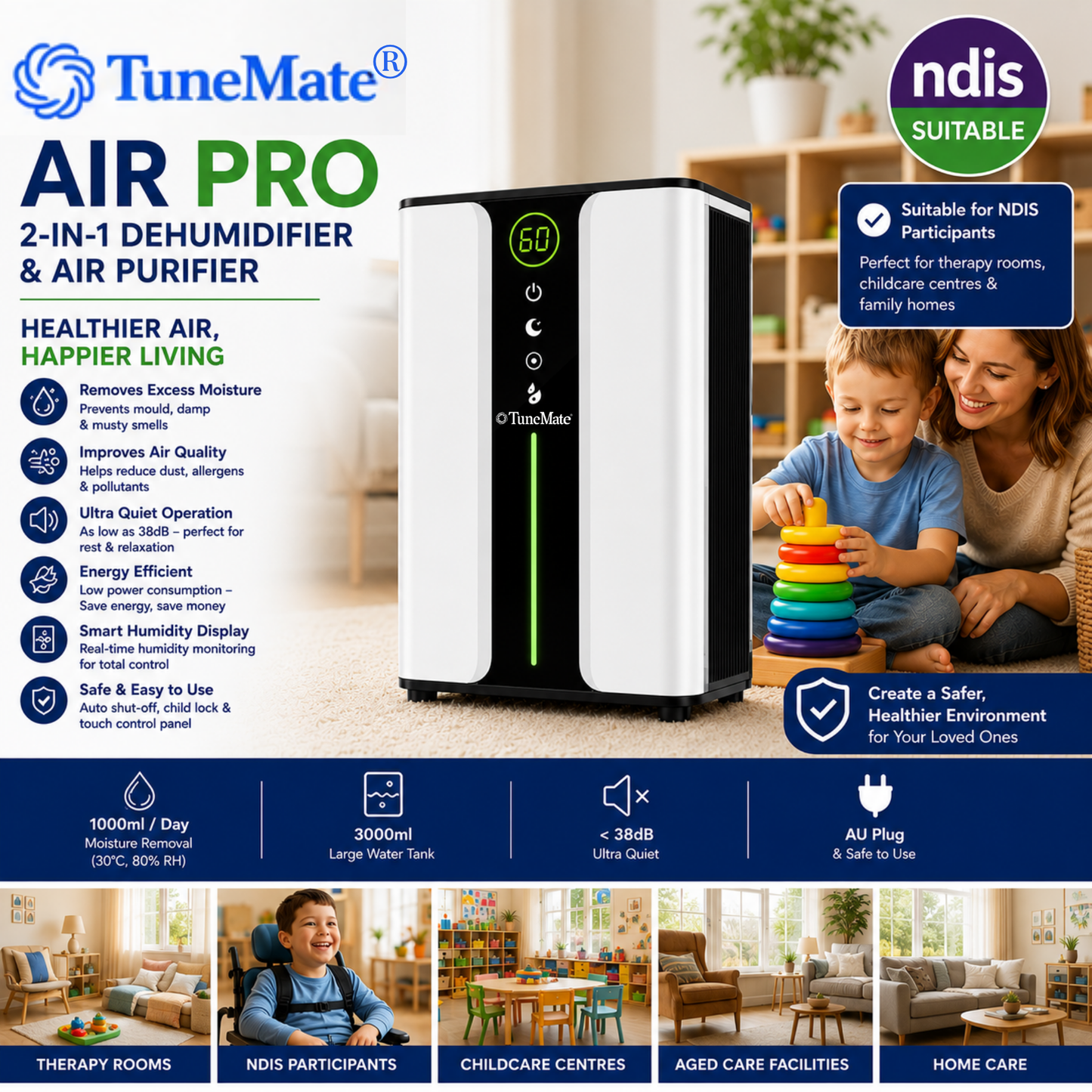 TuneMate® Air Pro 3000mL Dehumidifier & Air Purifier